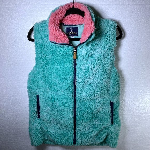 Simply Southern Jackets \u0026 Coats | Simply Southern Women's Size Medium Blue Zip Up Vest Sherpa Faux Fur Pockets | Color: Blue/Pink | Size: M | Pm-